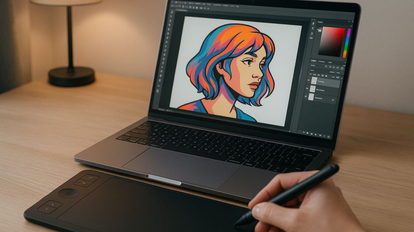Zeichenprogramm am Laptop mit Grafiktablett im Einsatz