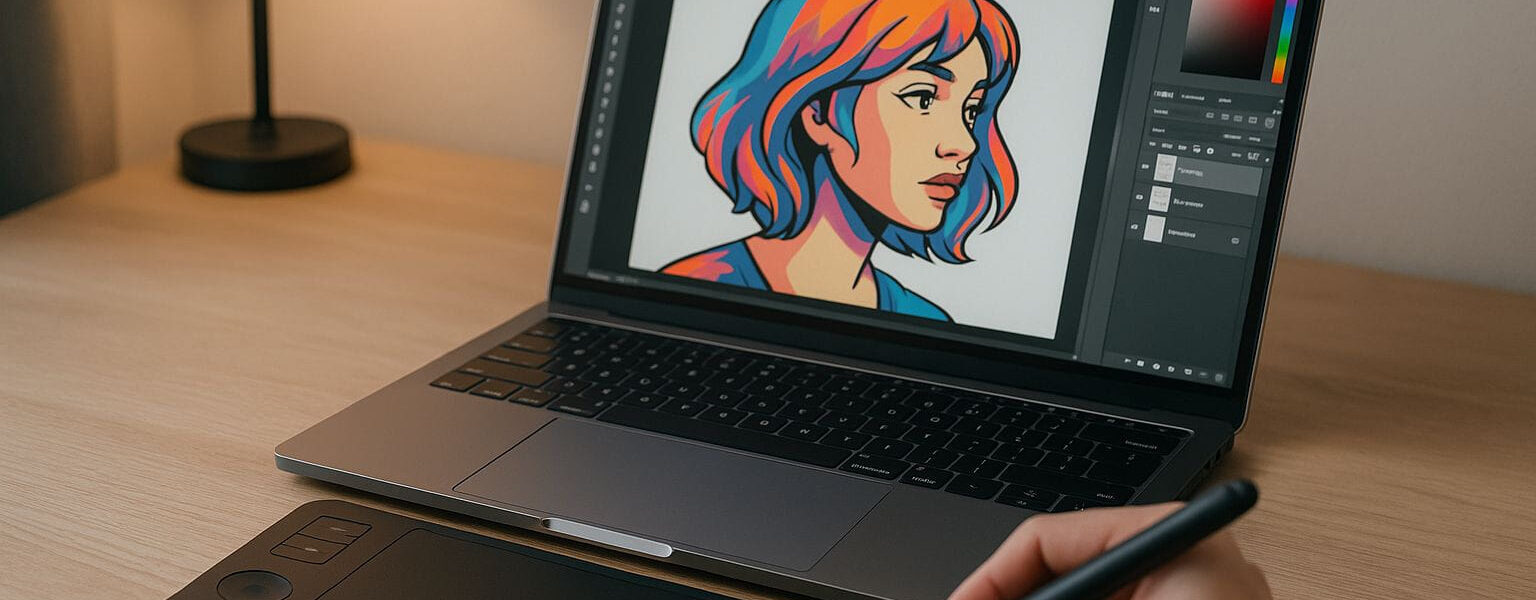 Zeichenprogramm am Laptop mit Grafiktablett im Einsatz