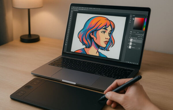 Zeichenprogramm am Laptop mit Grafiktablett im Einsatz