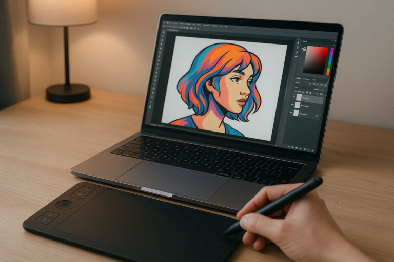 Zeichenprogramm am Laptop mit Grafiktablett im Einsatz