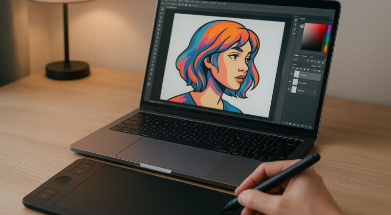 Zeichenprogramm am Laptop mit Grafiktablett im Einsatz