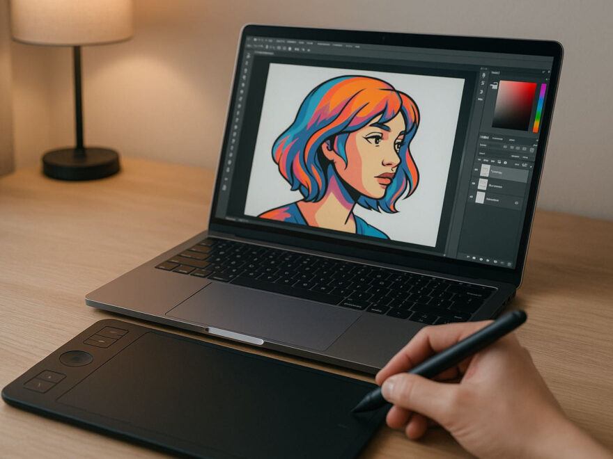 Zeichenprogramm am Laptop mit Grafiktablett im Einsatz