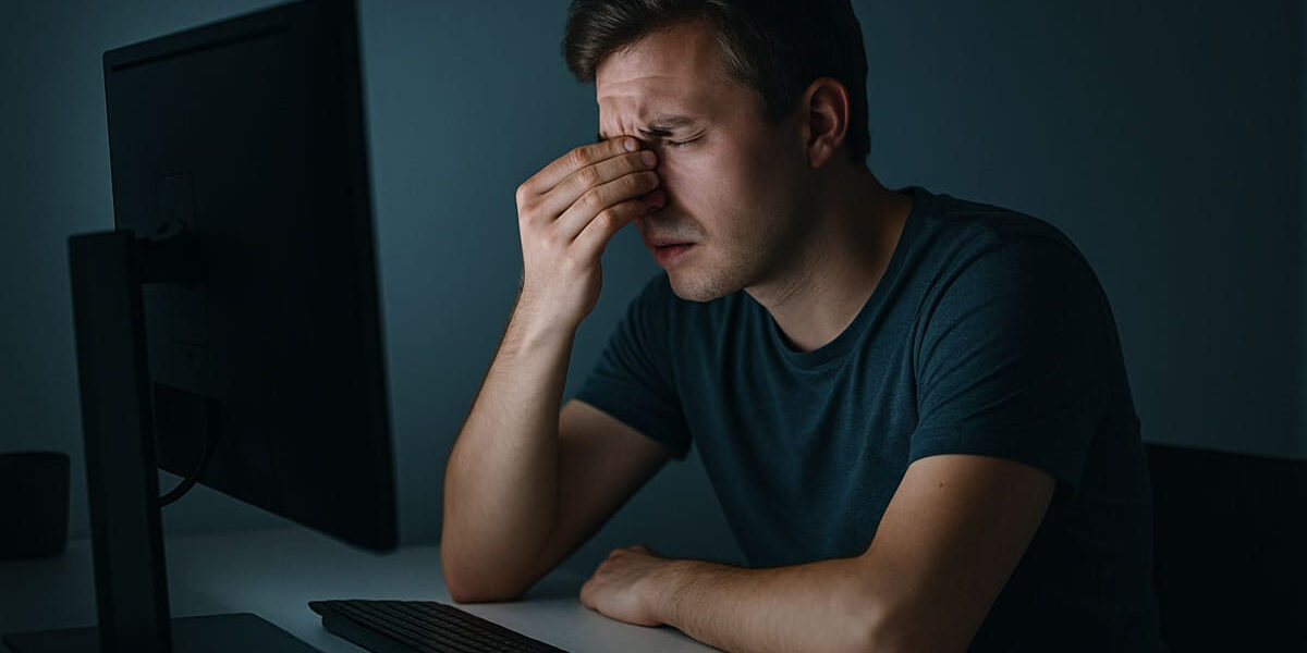 Person am Monitor mit sichtbarem Augenstress – Augenschutz fehlt