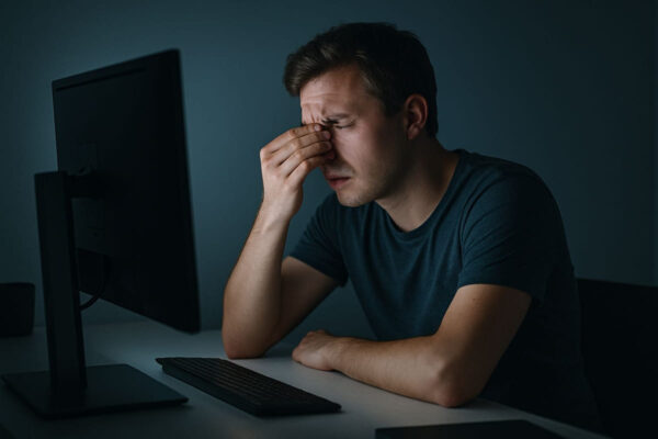 Warum Augenschutz am Monitor so wichtig ist Person am Monitor mit sichtbarem Augenstress – Augenschutz fehlt