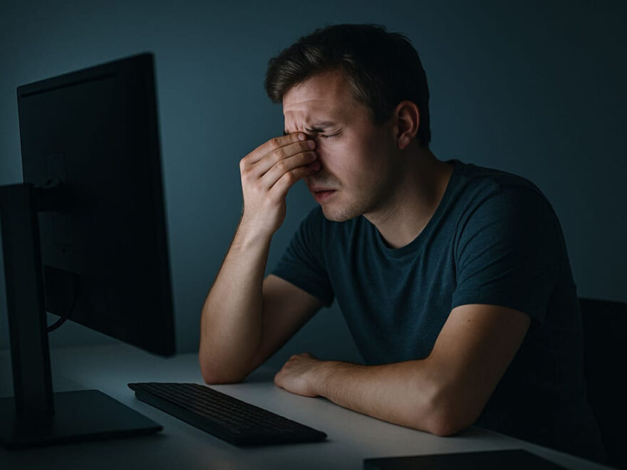 Person am Monitor mit sichtbarem Augenstress – Augenschutz fehlt