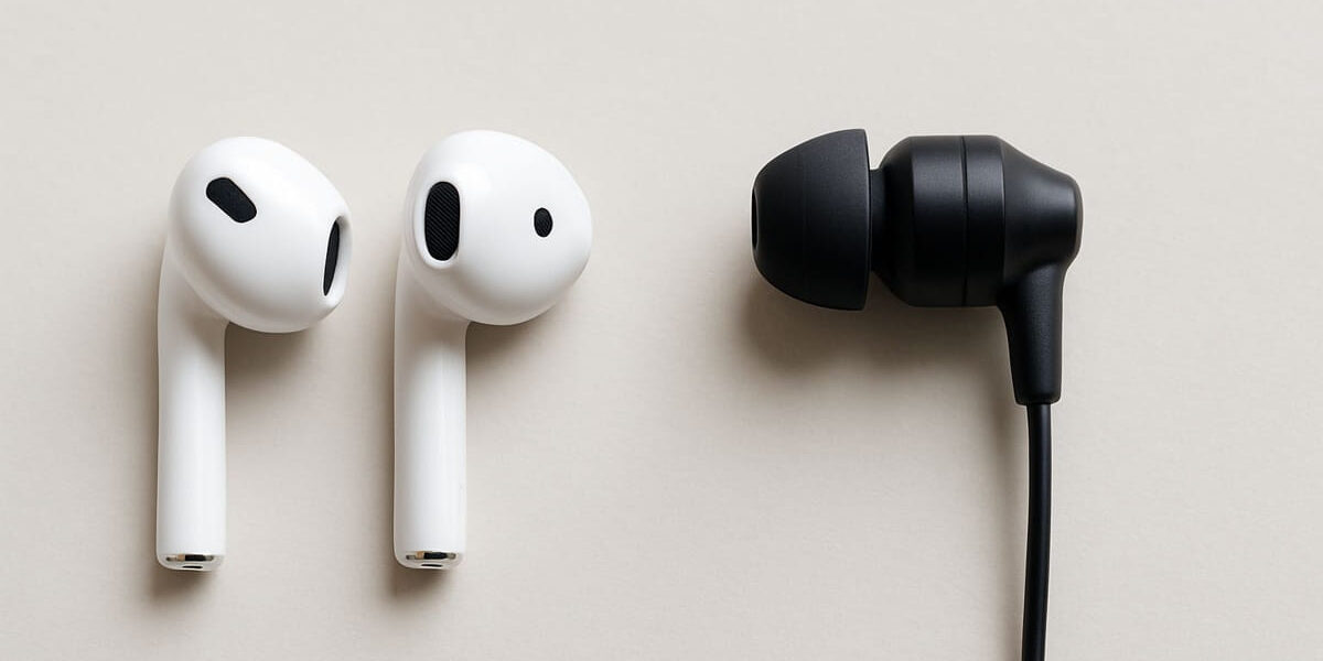 Earbuds vs. In-Ear im direkten Größen- und Formvergleich auf hellem Hintergrund