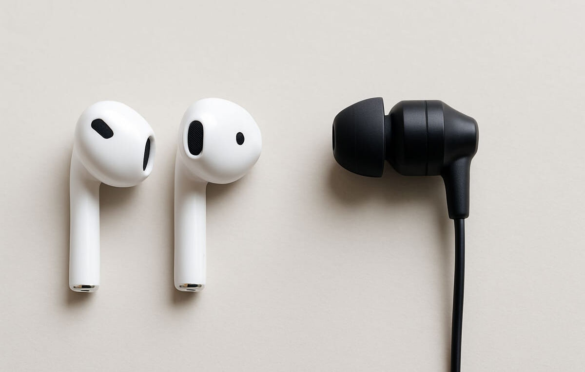 Earbuds vs. In-Ear im direkten Größen- und Formvergleich auf hellem Hintergrund