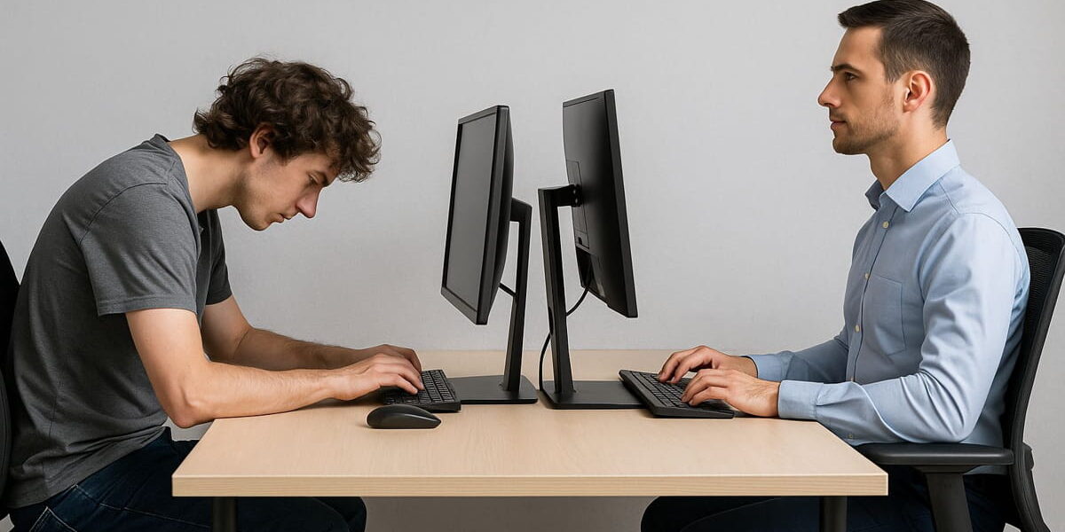 Ergonomie am Monitorarbeitsplatz im Vergleich guter und schlechter Haltung