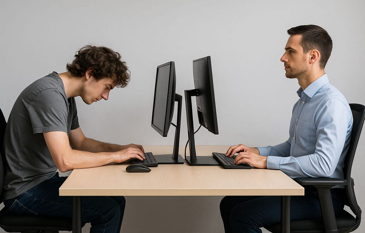 Ergonomie am Monitorarbeitsplatz im Vergleich guter und schlechter Haltung