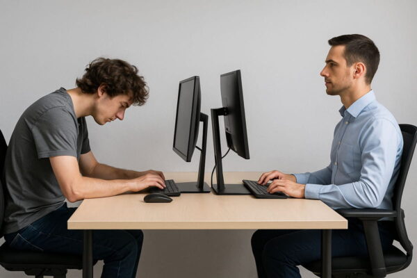 Ergonomie am Bildschirm: Richtige vs. falsche Haltung im Vergleich Ergonomie am Monitorarbeitsplatz im Vergleich guter und schlechter Haltung