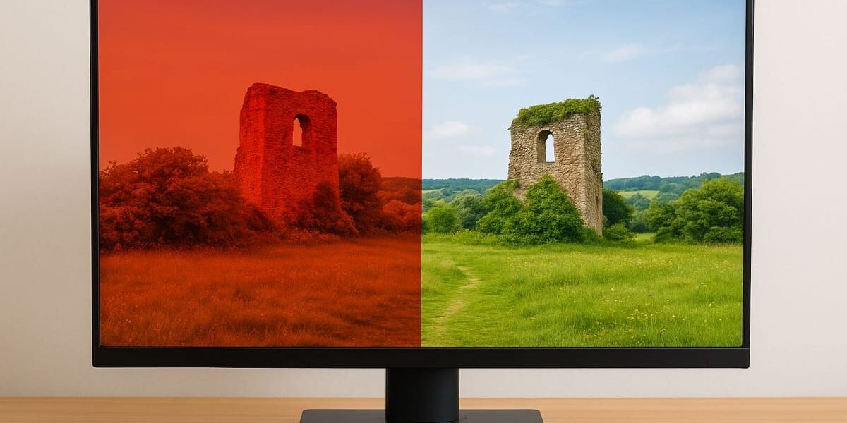 Farbstich am Monitor im direkten Vergleich mit neutraler Farbdarstellung