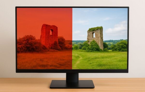 Farbstich am Monitor im direkten Vergleich mit neutraler Farbdarstellung