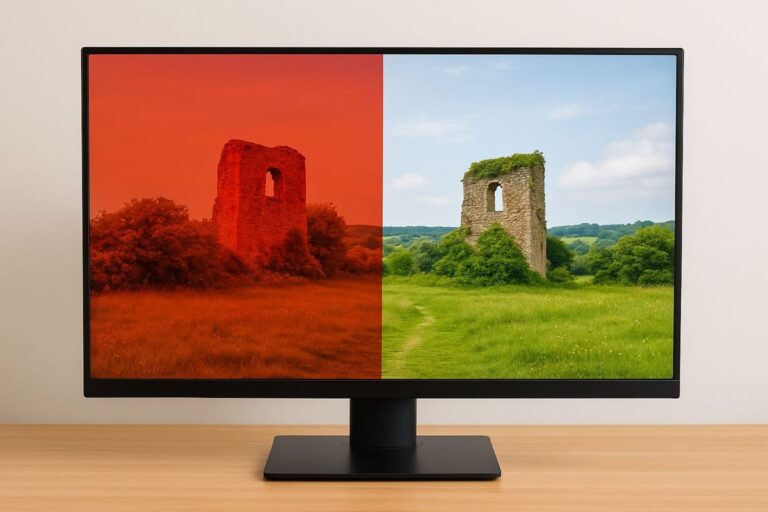 Farbstich am Monitor im direkten Vergleich mit neutraler Farbdarstellung