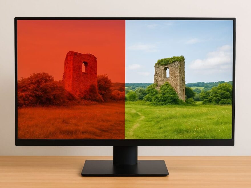 Farbstich am Monitor im direkten Vergleich mit neutraler Farbdarstellung