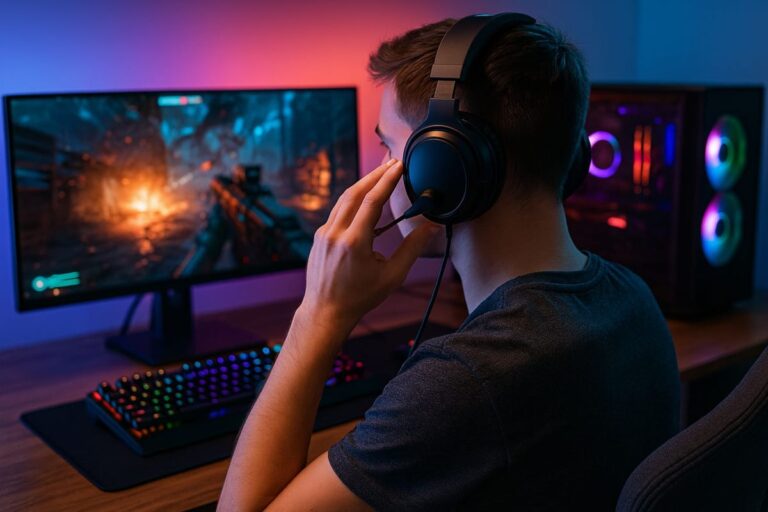 Wichtige Kaufkriterien für Gaming-Headsets – moderner Gaming-Setup mit Headset im Einsatz