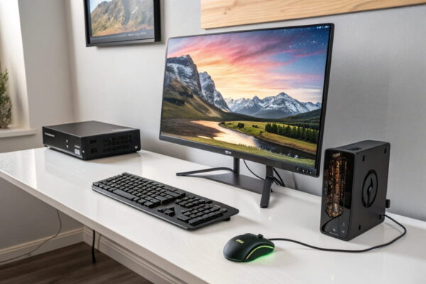 Komplettes HDR-Setup mit Monitor, Grafikkarte und Anschlusskabel im modernen Arbeitsplatz