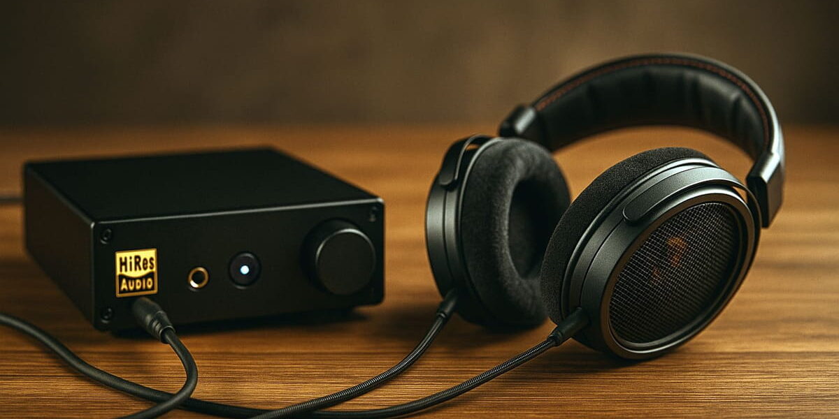 Hi-Res Audio Setup mit DAC und Over-Ear-Kopfhörer auf Tisch