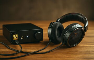 Hi-Res Audio Setup mit DAC und Over-Ear-Kopfhörer auf Tisch