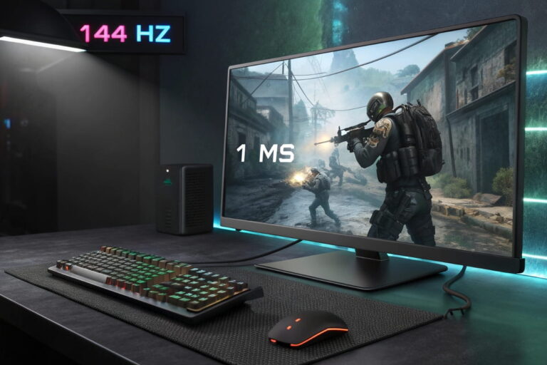 Gaming-Monitor mit 144 Hz und 1 ms Reaktionszeit bei FPS-Spiel – flüssiges Gameplay und schnelle Bildwiederholrate