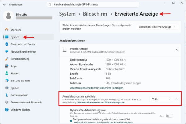 Hz in Windows 11 über die erweiterte Anzeige einstellen