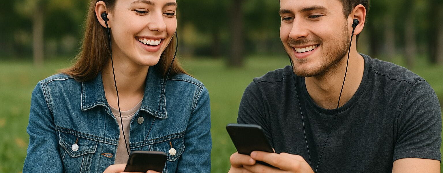 In-Ear Kopfhörer im Alltagseinsatz bei junger Frau und Mann im Park