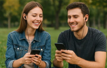 In-Ear Kopfhörer im Alltagseinsatz bei junger Frau und Mann im Park