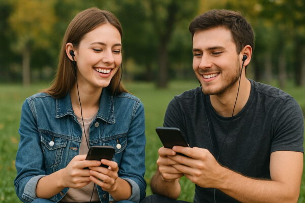 In-Ear Kopfhörer – ideal für unterwegs und Freizeit In-Ear Kopfhörer im Alltagseinsatz bei junger Frau und Mann im Park