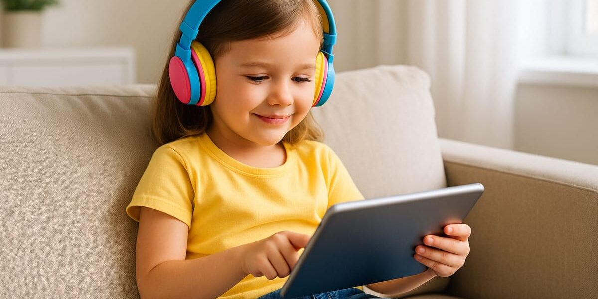 Kind mit bunten Kinderkopfhörern nutzt ein Tablet