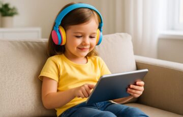 Kind mit bunten Kinderkopfhörern nutzt ein Tablet