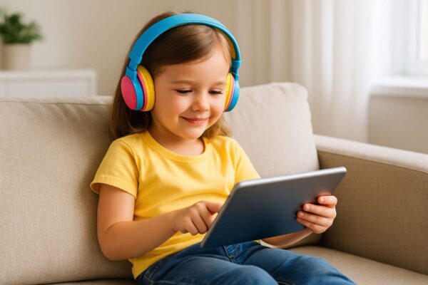 Kinderkopfhörer im Alltag: Sicherer Hörspaß für Kinder Kind mit bunten Kinderkopfhörern nutzt ein Tablet