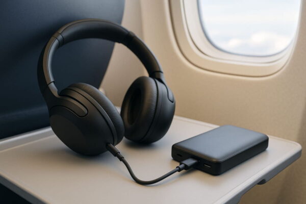 Kopfhörer werden mit Powerbank im Flugzeug geladen – ideal für lange Reisen