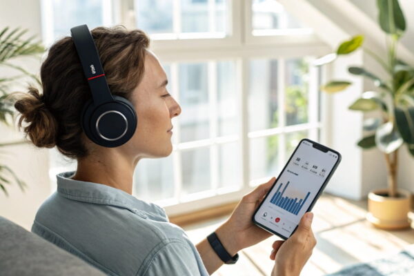 Kopfhörer zu leise: Lautstärkeprobleme durch Apps und Software prüfen Kopfhörer zu leise – Nutzer prüft App-Einstellungen auf dem Smartphone