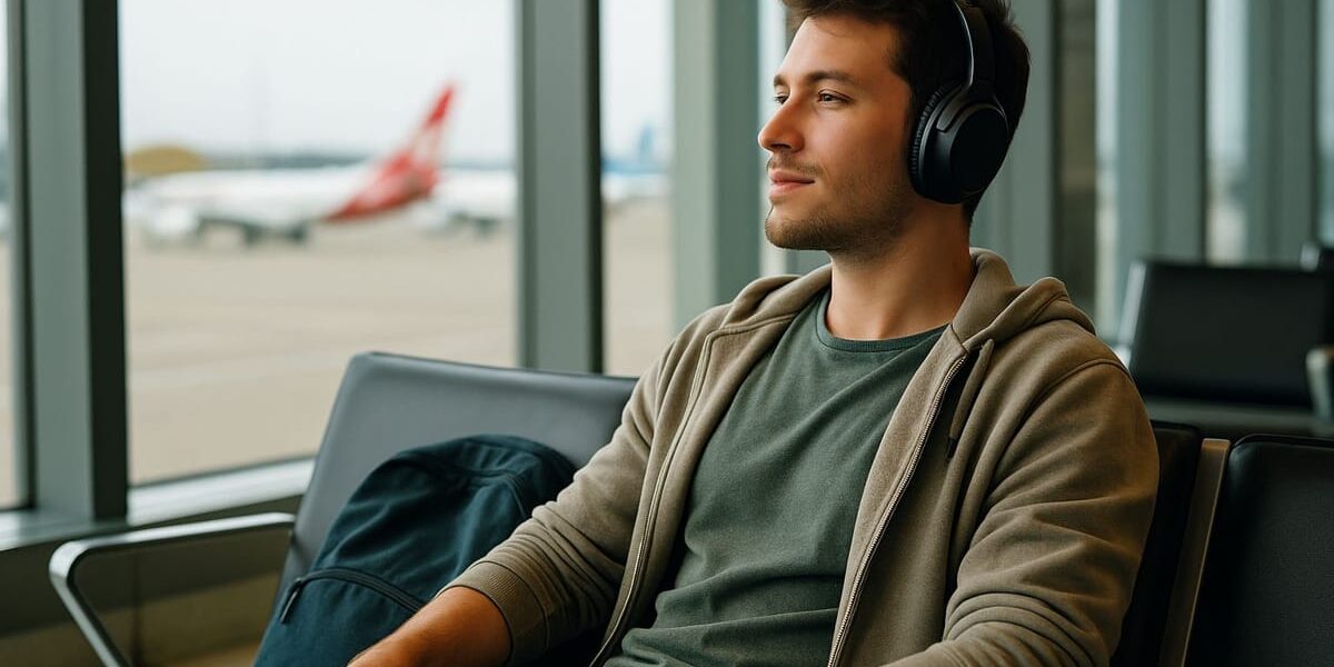 Kopfhörer für Reisen am Flughafen – entspannter Reisender mit ANC-Kopfhörern