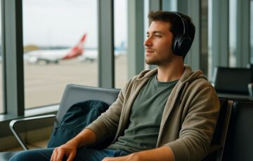 Kopfhörer für Reisen am Flughafen – entspannter Reisender mit ANC-Kopfhörern