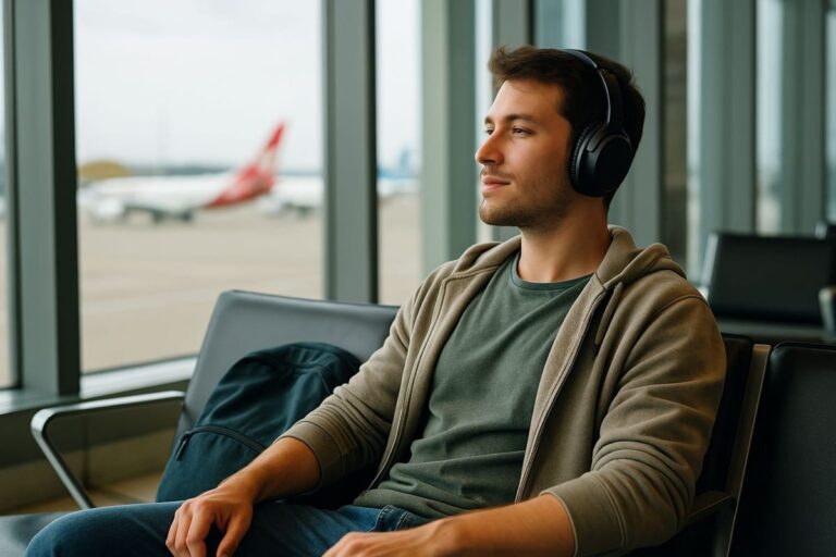 Kopfhörer für Reisen am Flughafen – entspannter Reisender mit ANC-Kopfhörern