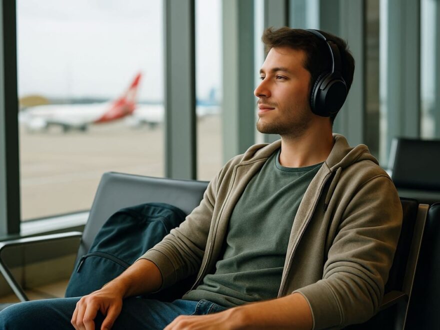 Kopfhörer für Reisen am Flughafen – entspannter Reisender mit ANC-Kopfhörern