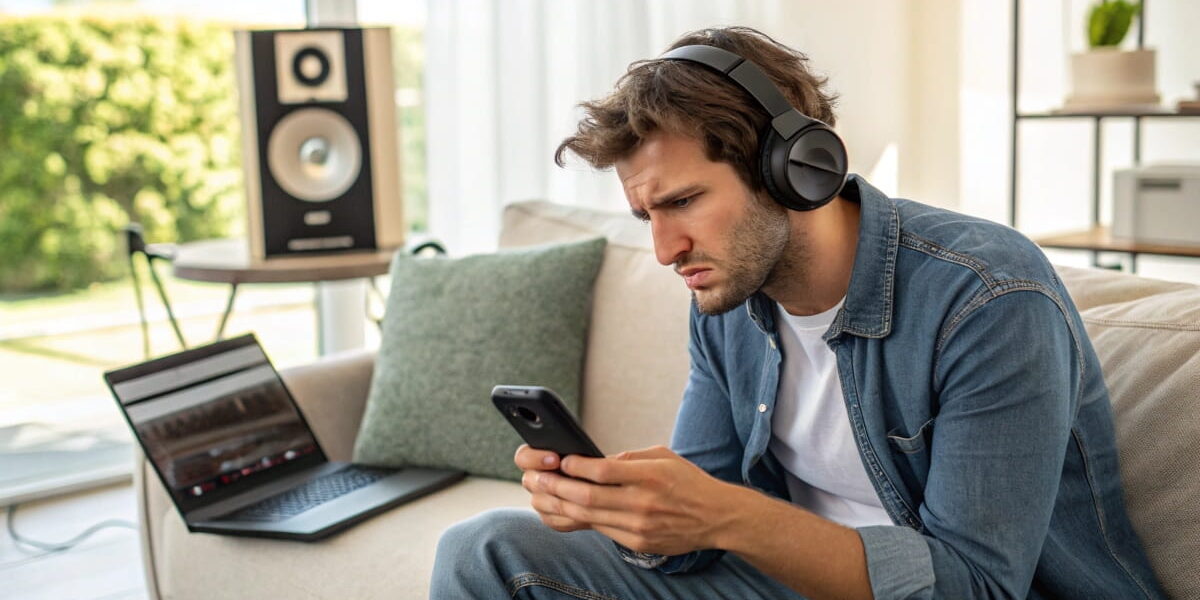 Kopfhörer zu leise – junger Mann prüft Smartphone und Musikquelle