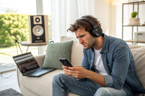 kopfhoerer schnellcheck Kopfhörer zu leise – junger Mann prüft Smartphone und Musikquelle