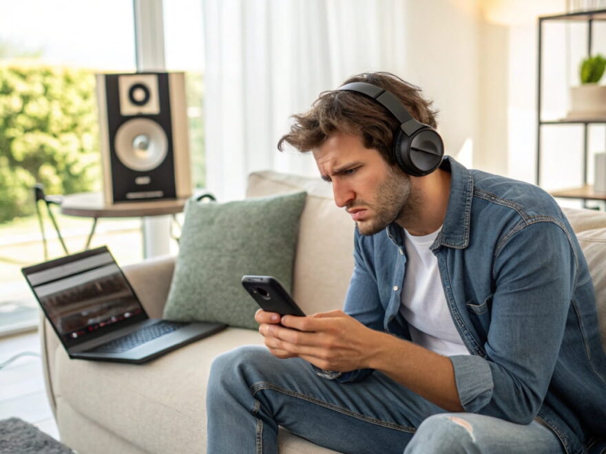 Kopfhörer zu leise – junger Mann prüft Smartphone und Musikquelle