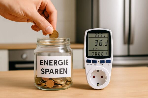 Geld in Sparglas neben Energiekostenmessgerät vor Kühlschrank