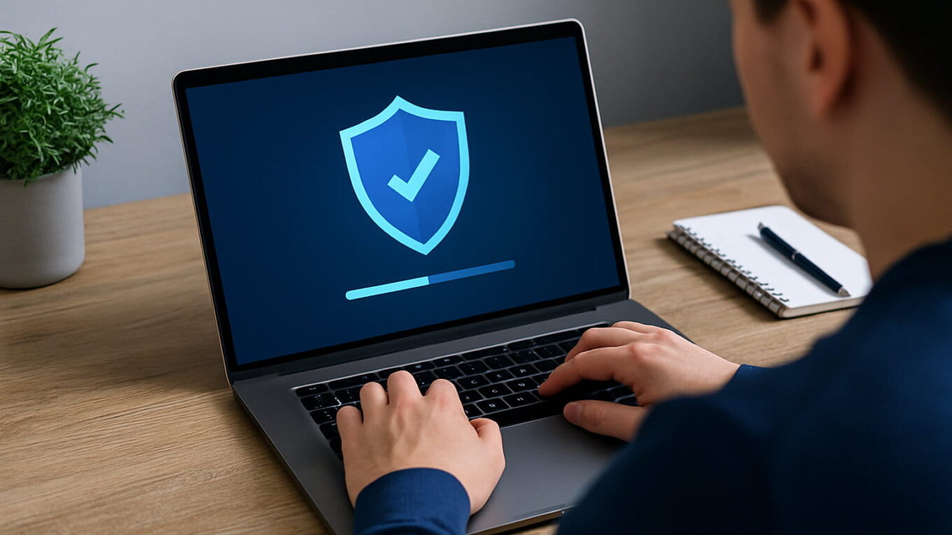 Person arbeitet am Laptop mit digitalem Schildsymbol auf dem Bildschirm – modernes Virenschutzprogramm im Einsatz
