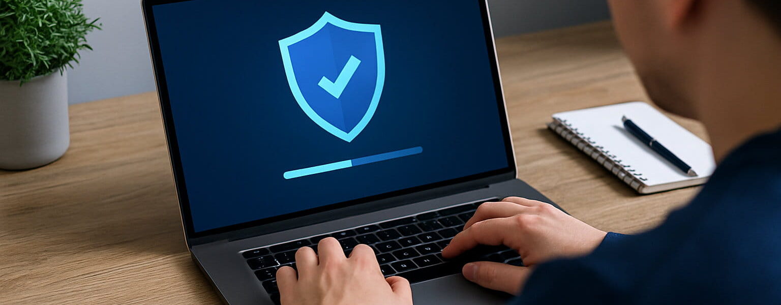 Person arbeitet am Laptop mit digitalem Schildsymbol auf dem Bildschirm – modernes Virenschutzprogramm im Einsatz
