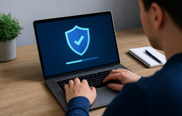 Person arbeitet am Laptop mit digitalem Schildsymbol auf dem Bildschirm – modernes Virenschutzprogramm im Einsatz