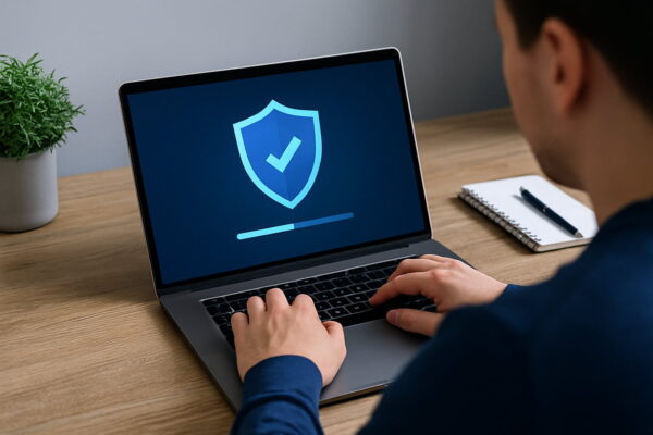 Person arbeitet am Laptop mit digitalem Schildsymbol auf dem Bildschirm – modernes Virenschutzprogramm im Einsatz