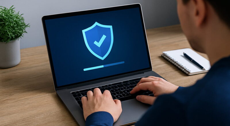 Person arbeitet am Laptop mit digitalem Schildsymbol auf dem Bildschirm – modernes Virenschutzprogramm im Einsatz