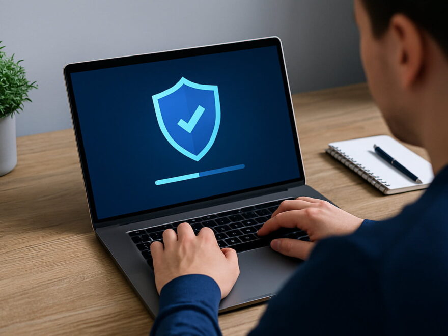 Person arbeitet am Laptop mit digitalem Schildsymbol auf dem Bildschirm – modernes Virenschutzprogramm im Einsatz