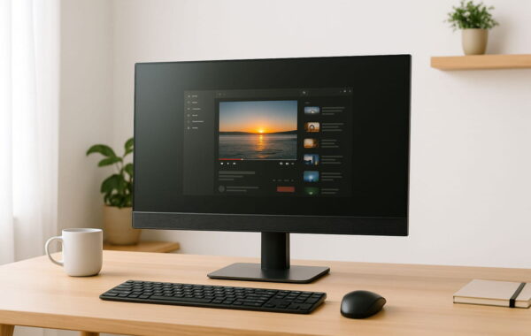 Monitor mit Lautsprechern auf einem Schreibtisch im Einsatz