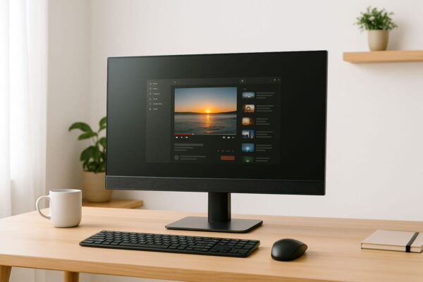 Moderner Monitor mit Lautsprechern in typischer Alltagsszene Monitor mit Lautsprechern auf einem Schreibtisch im Einsatz