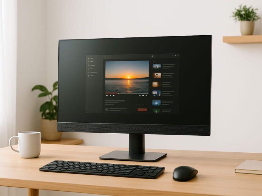 Monitor mit Lautsprechern auf einem Schreibtisch im Einsatz
