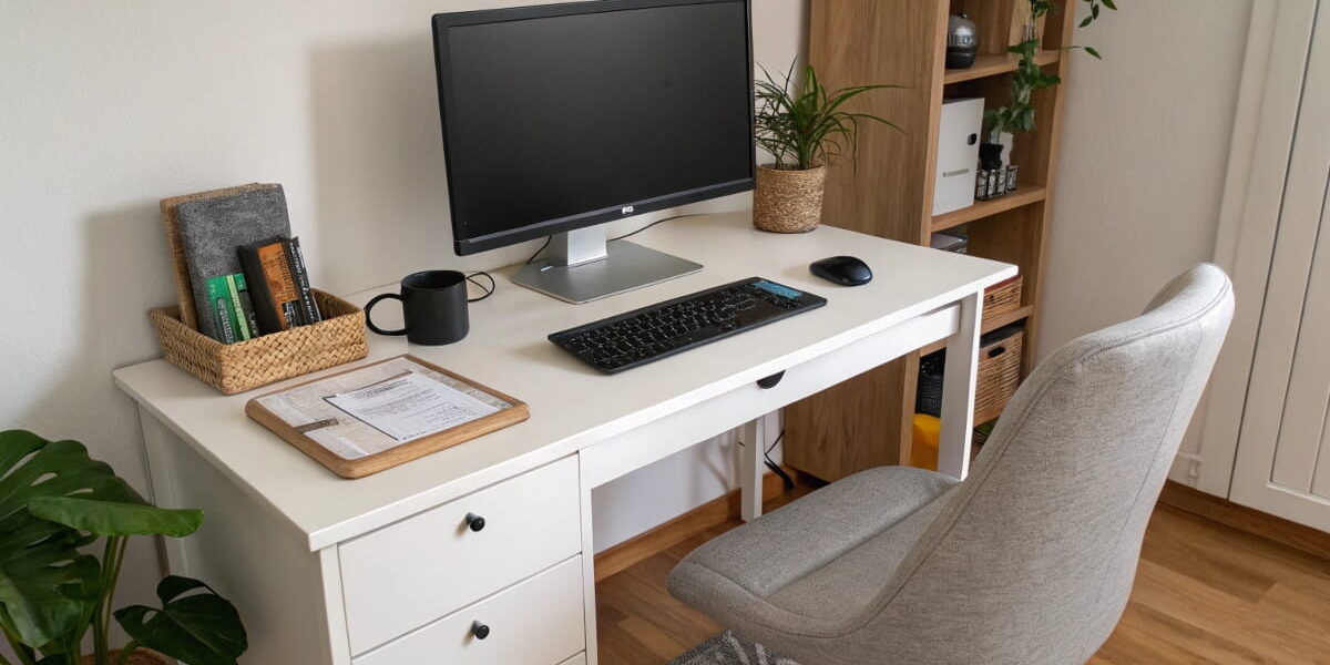 Monitor mit USB-Hub auf aufgeräumtem Schreibtisch im Homeoffice